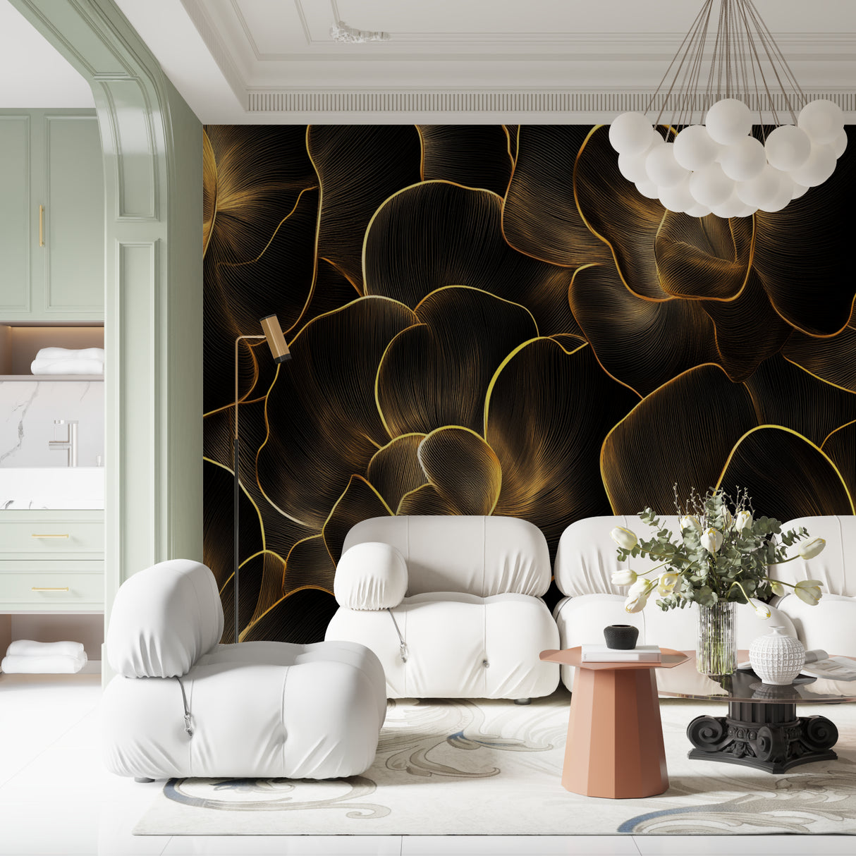 Black and gold art deco wallpaper in modern dining room, showing floral pattern with dramatic lighting