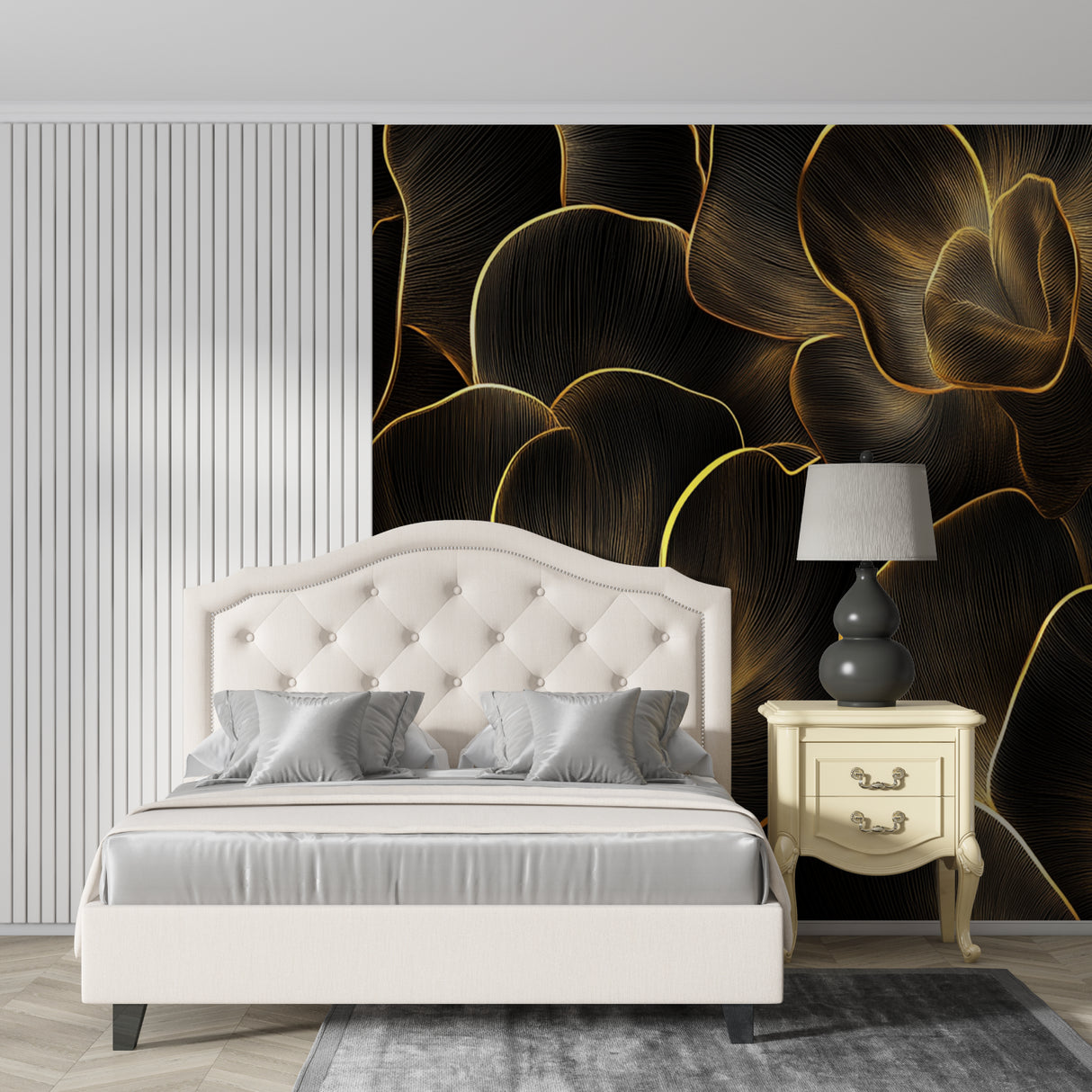Luxury master bedroom with black and gold floral wallpaper creating elegant atmosphere