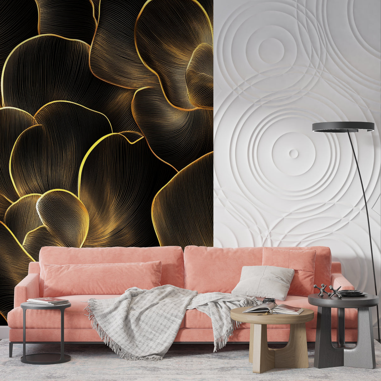 Art deco floral wallpaper in hotel lobby showing golden details