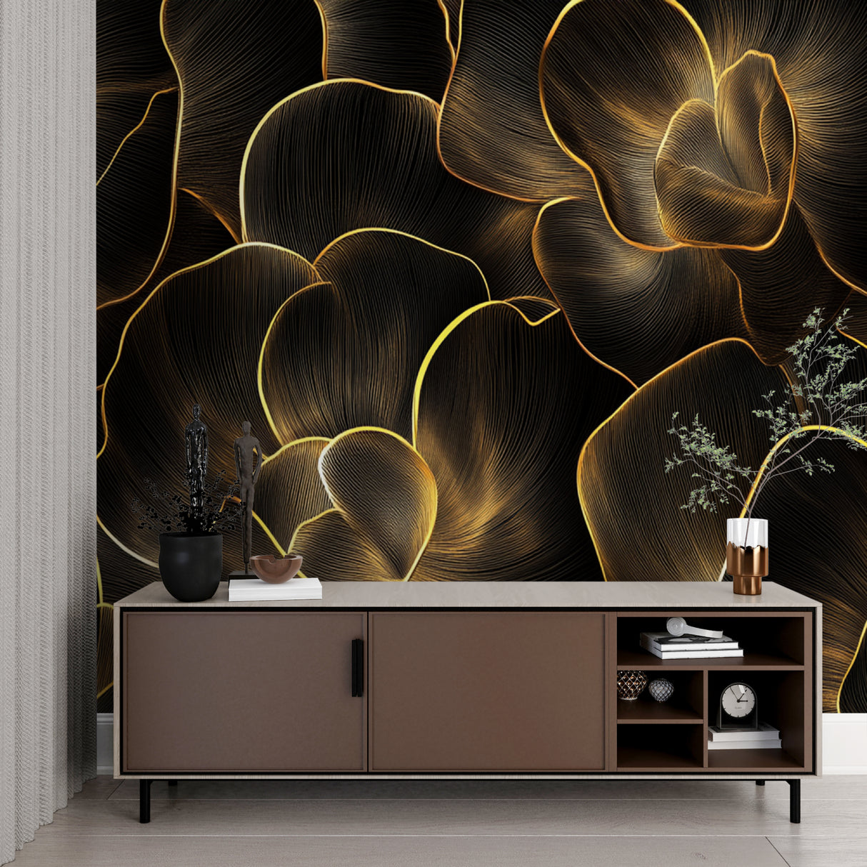 Black and gold art deco wallpaper in home office with evening light