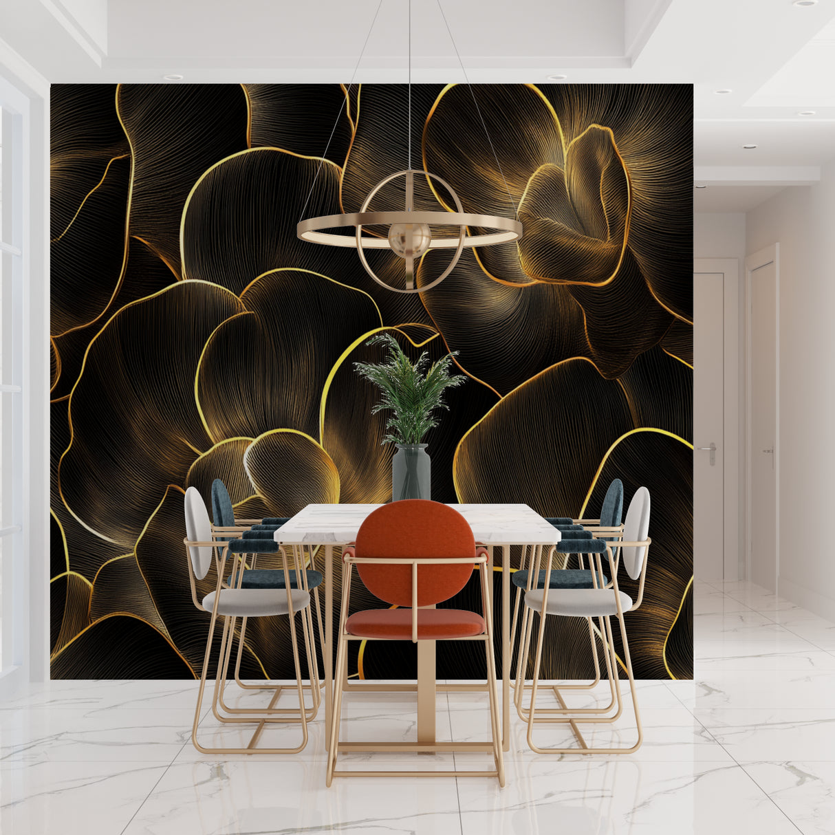 Living room feature wall with black and gold floral pattern creating depth