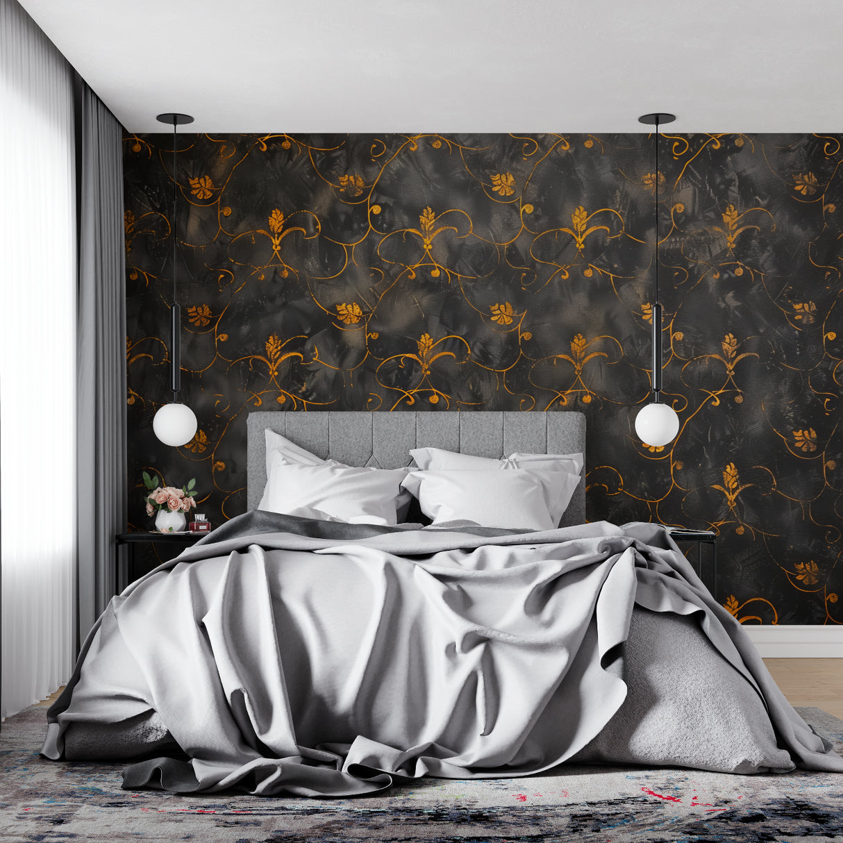 Art deco black and gold floral wallpaper in a modern dining room with ambient lighting