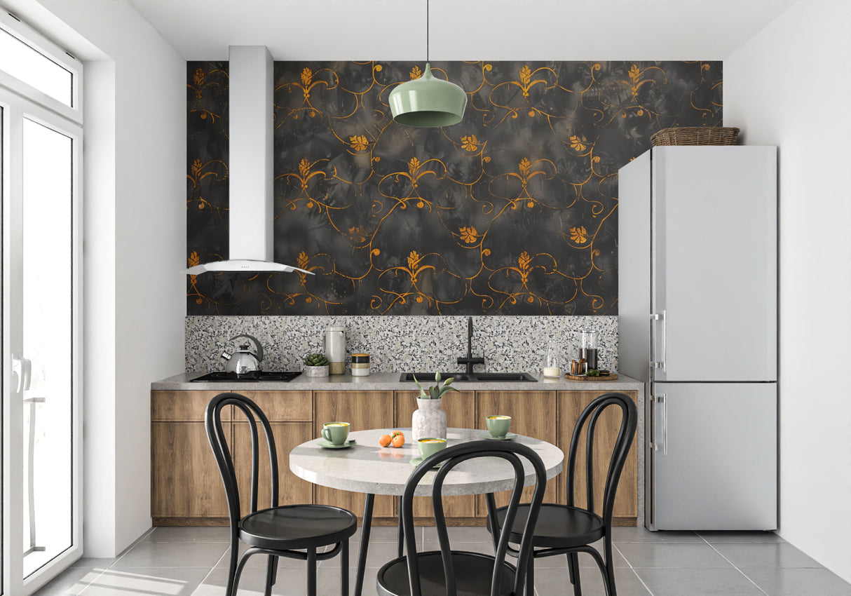 Luxury black and gold art deco wallpaper creating drama in a master bedroom