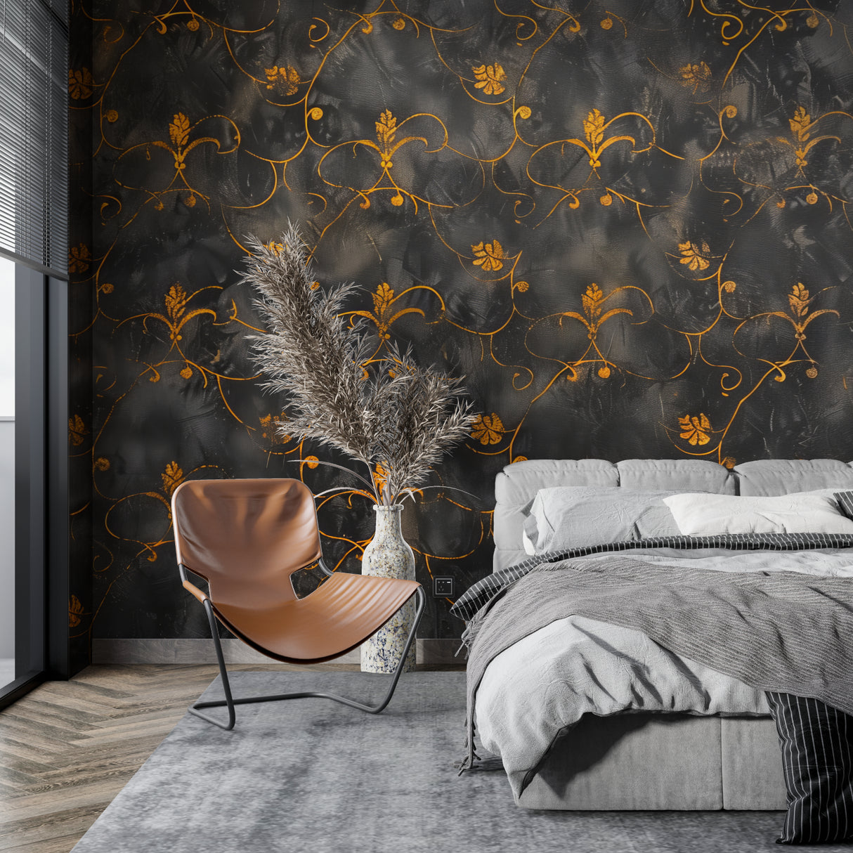 Black and gold art deco wallpaper bringing sophistication to a home office