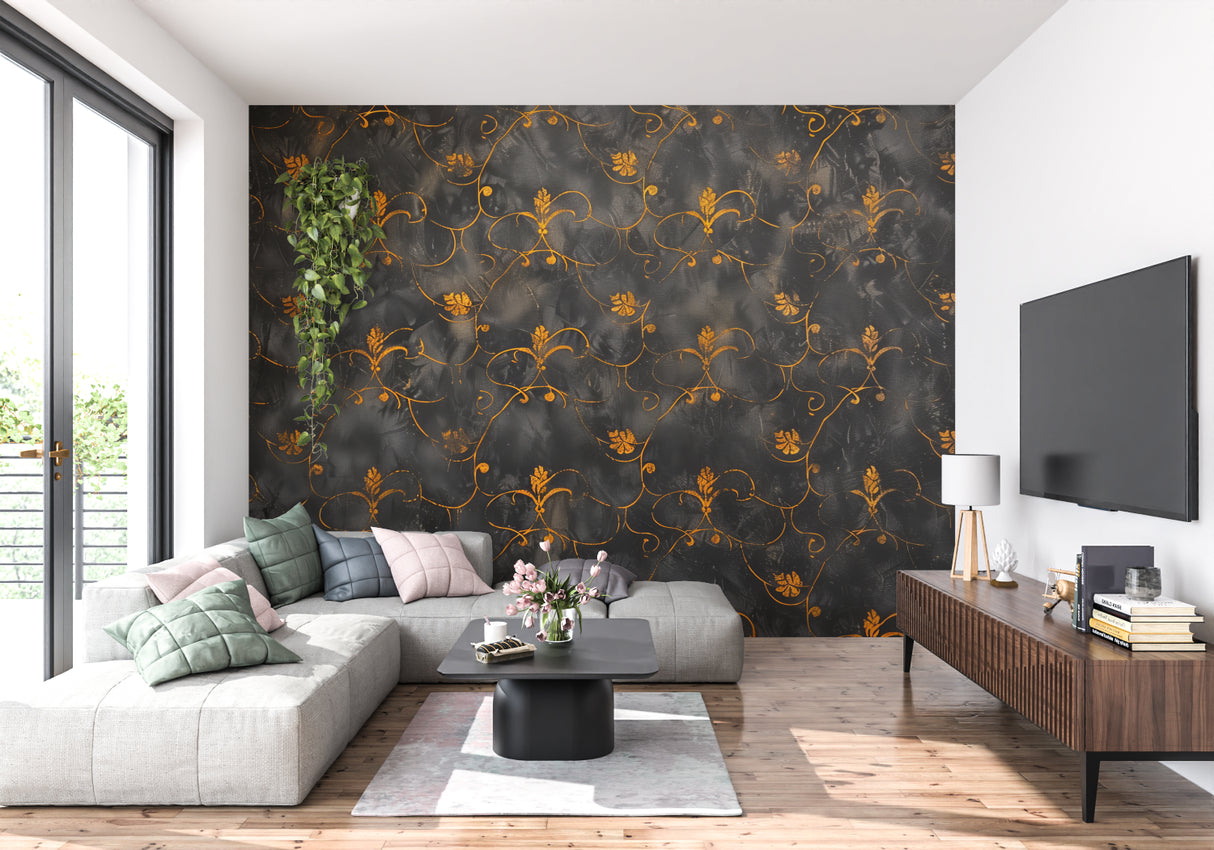 Metallic gold floral wallpaper adding luxury to a hallway entrance