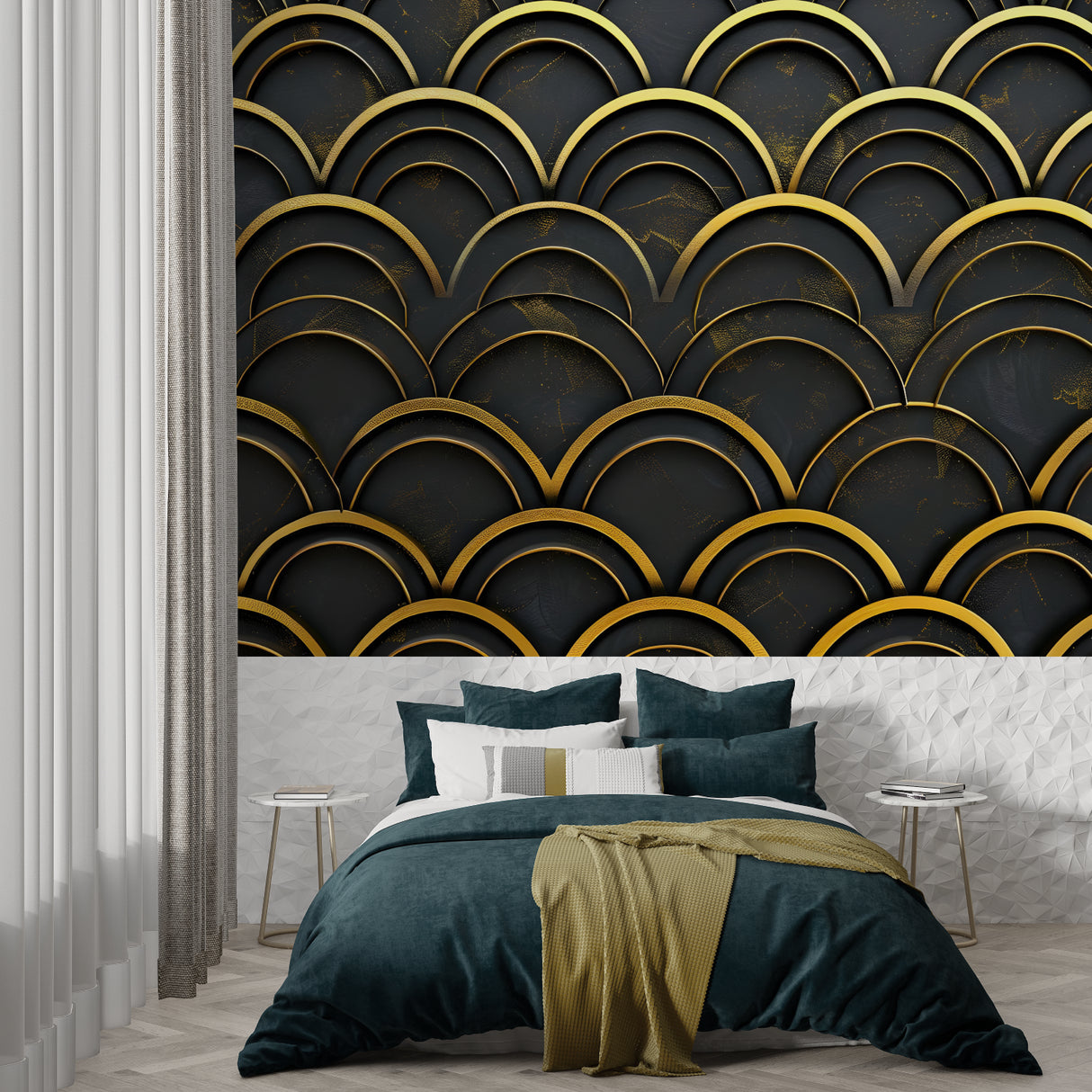 Art deco black and gold wallpaper creating drama in a modern living room setting