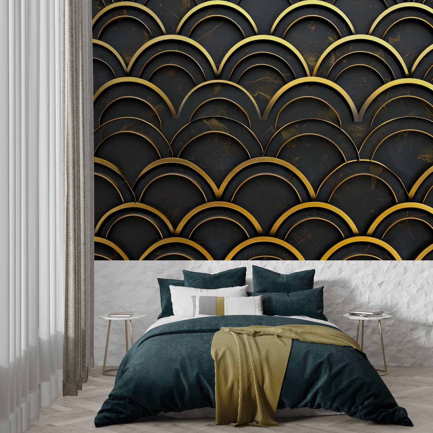 Art deco black and gold wallpaper creating drama in a modern living room setting