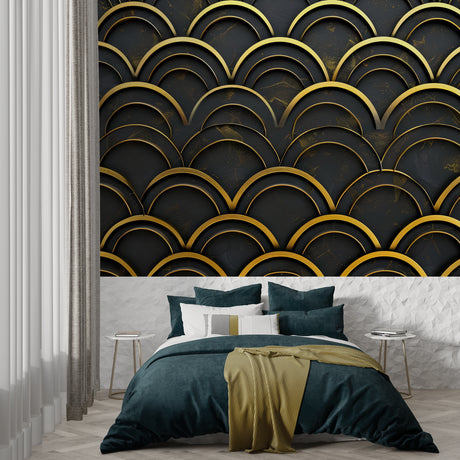 Art deco black and gold wallpaper creating drama in a modern living room setting