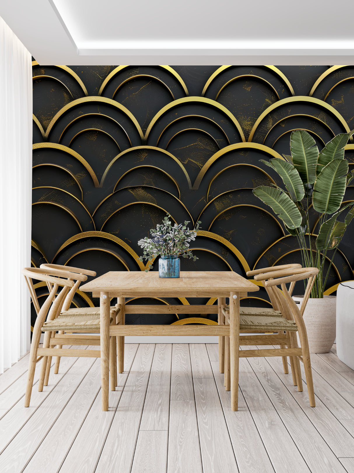 Geometric black and gold arches wallpaper in an elegant dining room