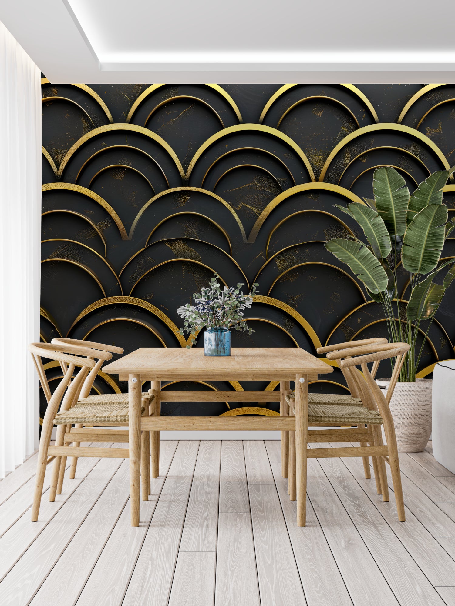 Geometric black and gold arches wallpaper in an elegant dining room