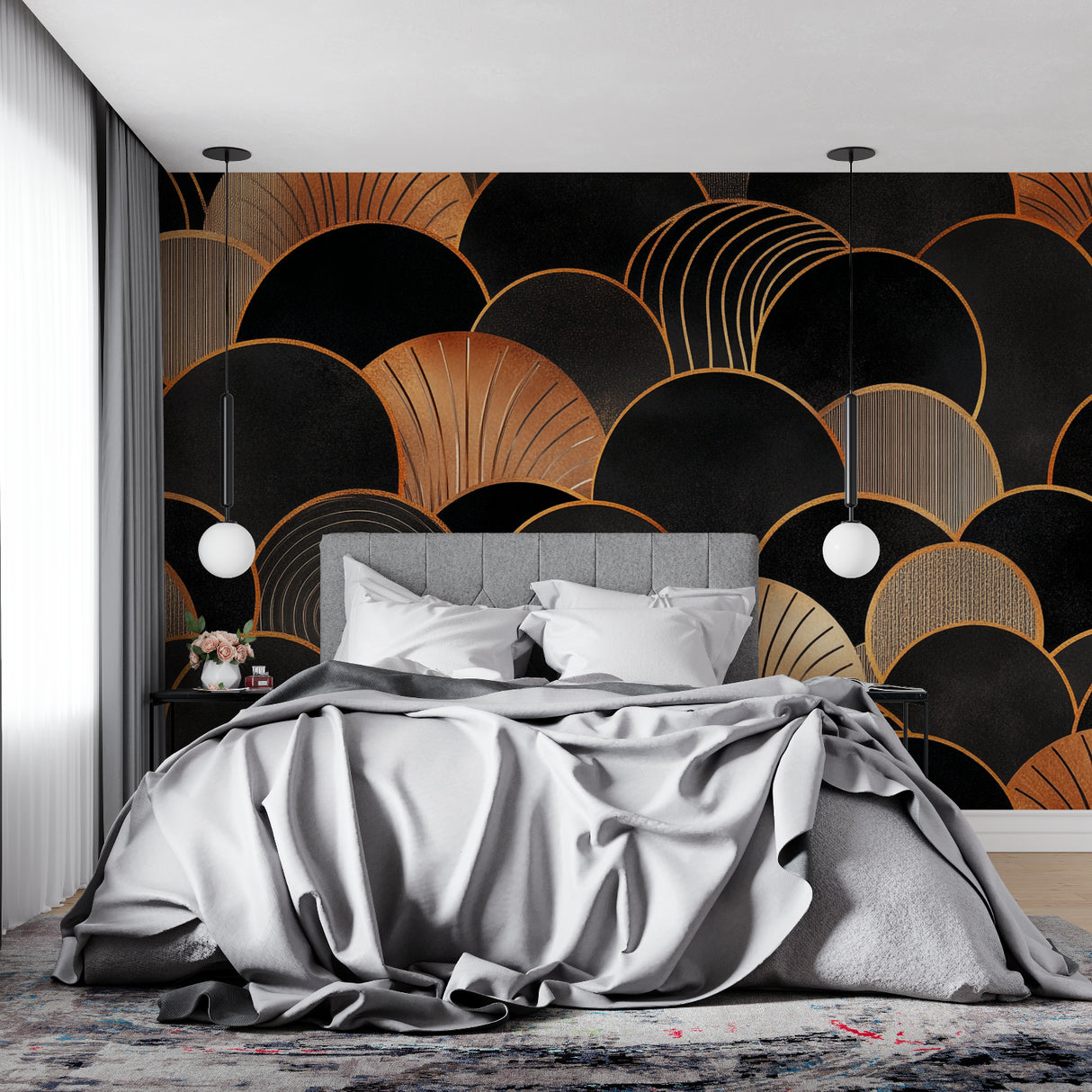 Black and gold art deco wall mural in luxury master bedroom setting
