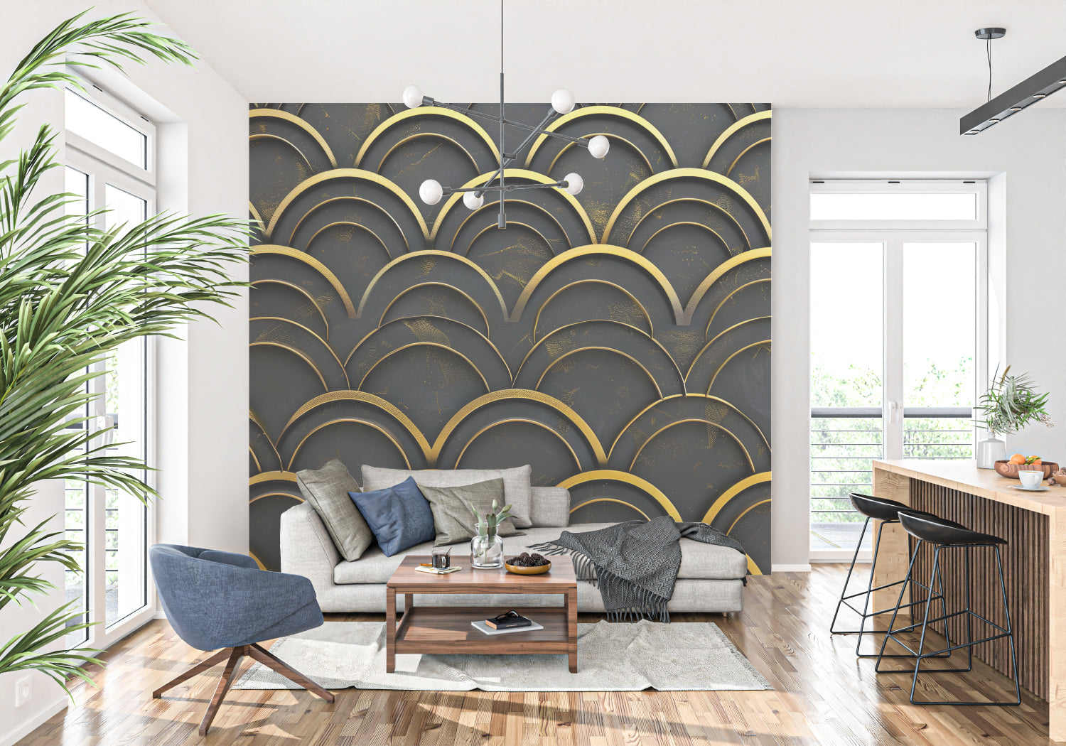 Black and gold geometric pattern adding luxury to a hotel lobby