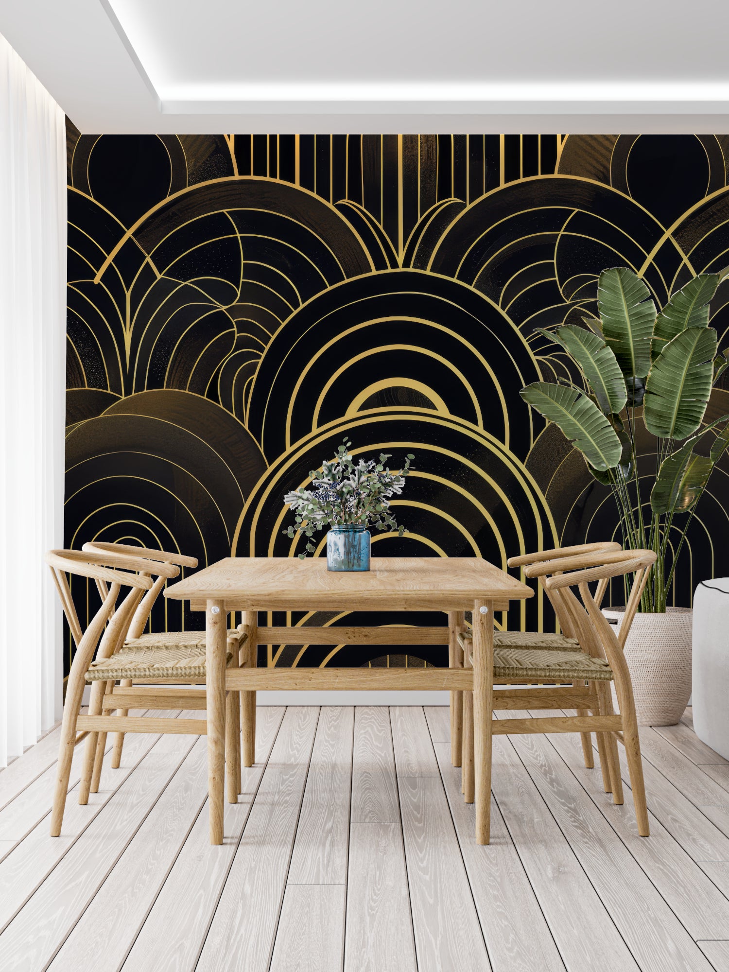 Art deco wall mural showcased in upscale hotel lobby with modern furniture