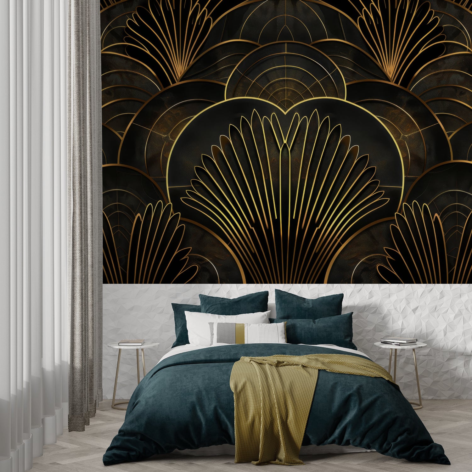 Art deco fan pattern wallpaper in master bedroom with gold accents