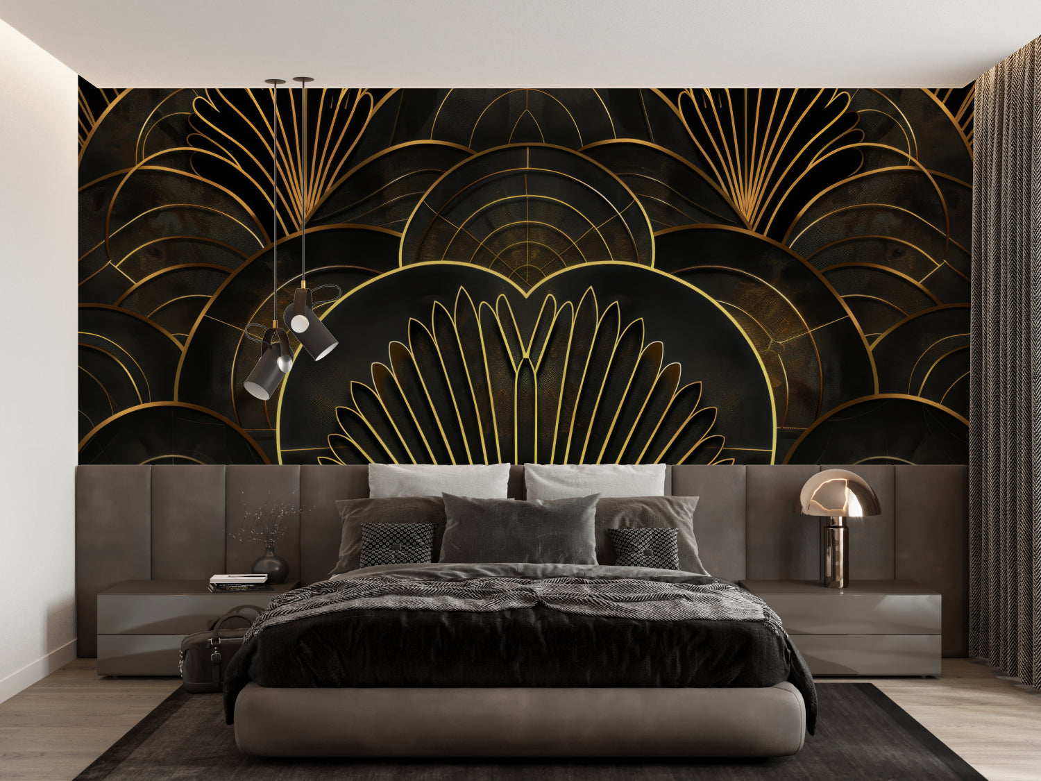 Geometric wallpaper creating statement wall in home office space