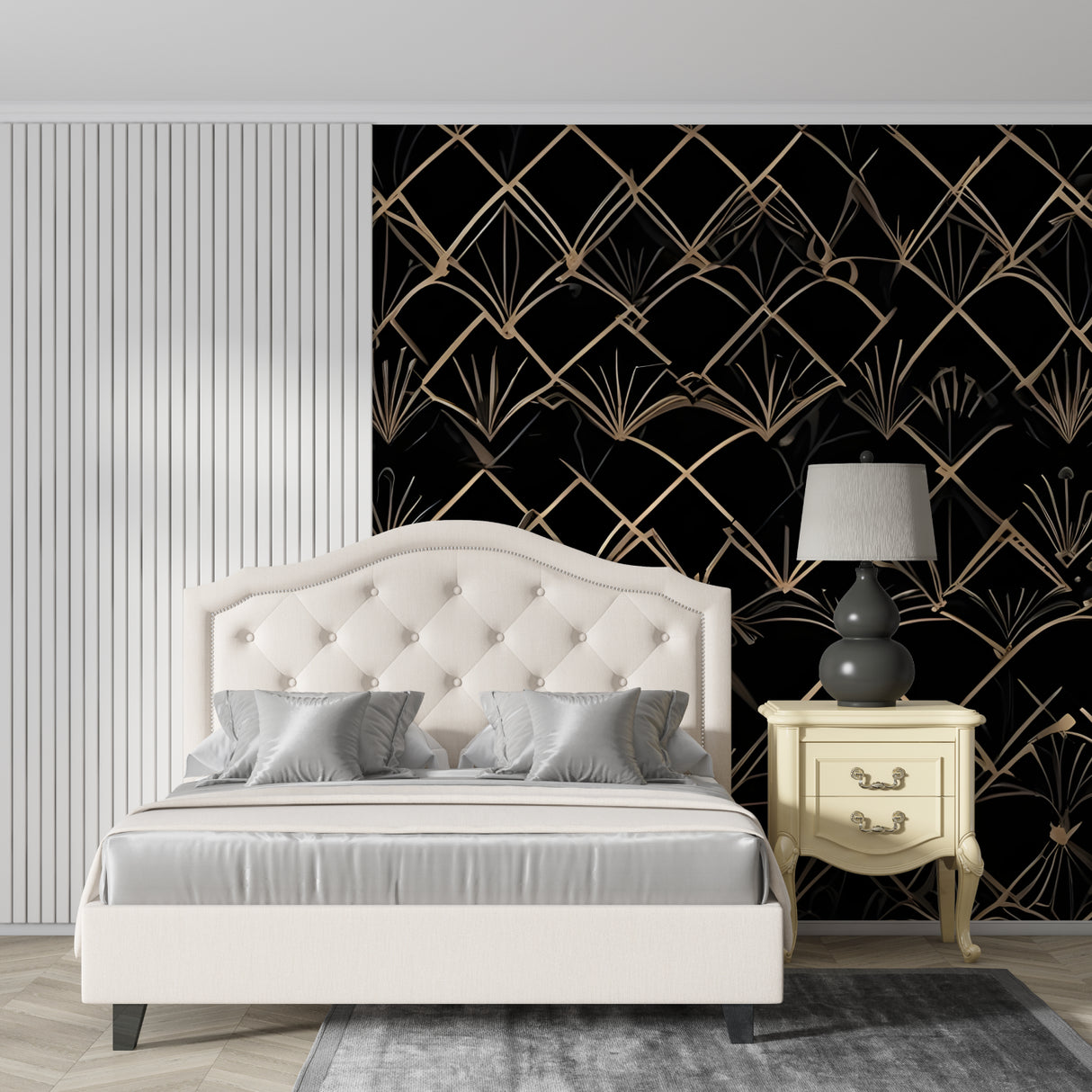 Black and gold geometric art deco wallpaper in modern living room with grey sofa and pendant lights