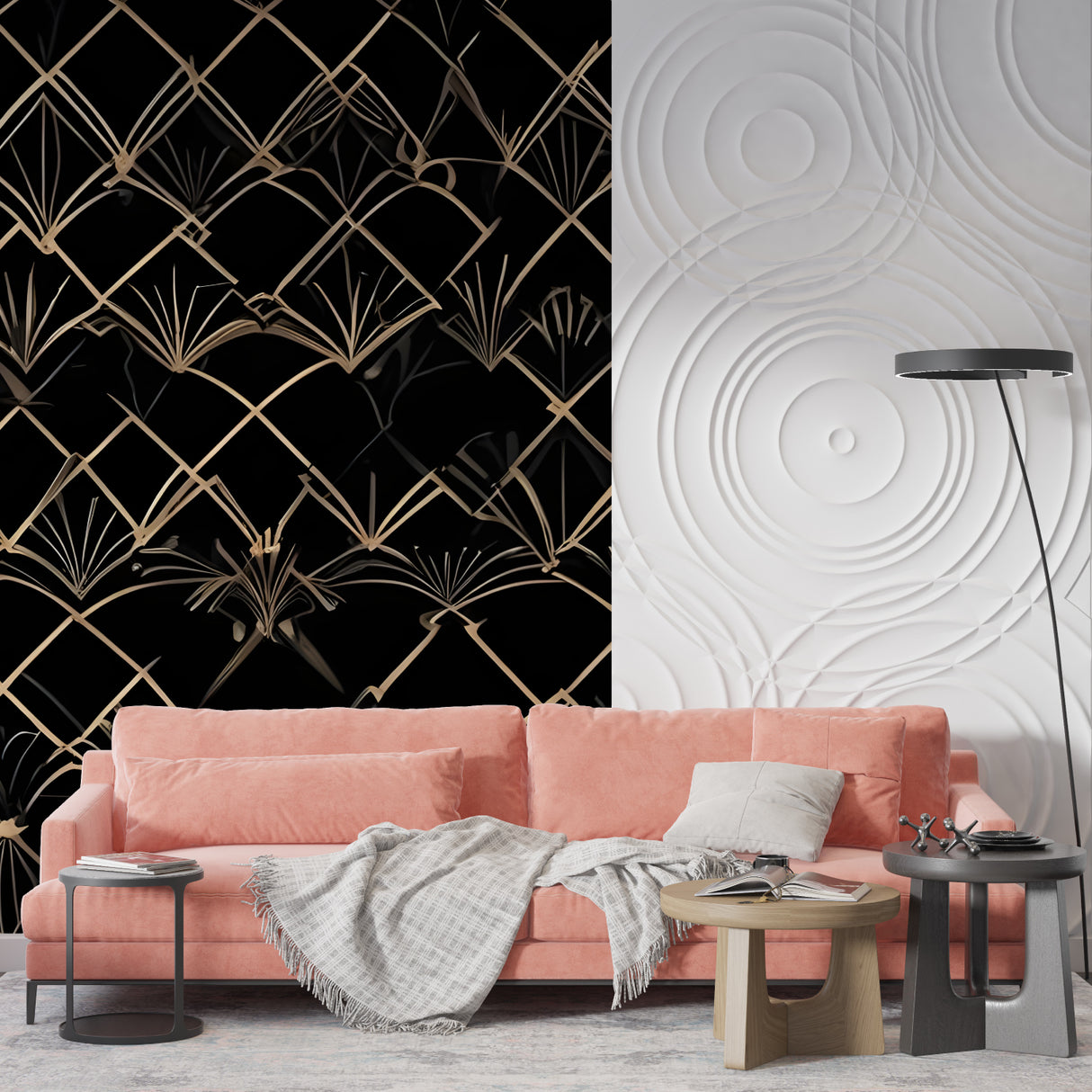 Geometric black and gold art deco pattern wallpaper in master bedroom with chandelier