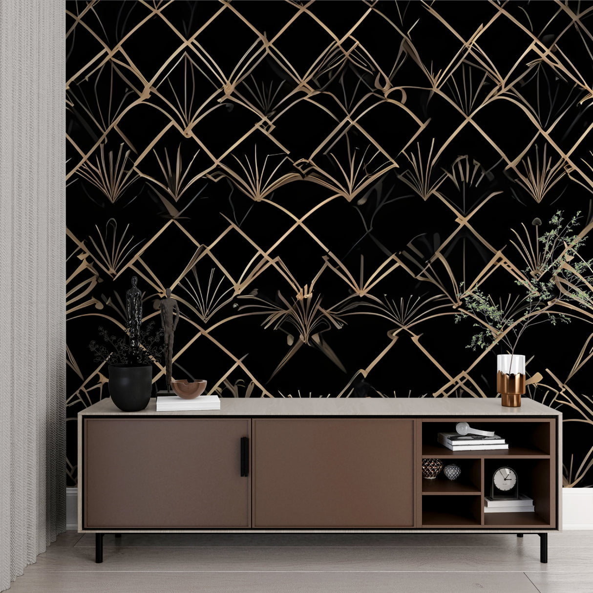 Art deco black and gold wallpaper in hotel lobby style entrance hall