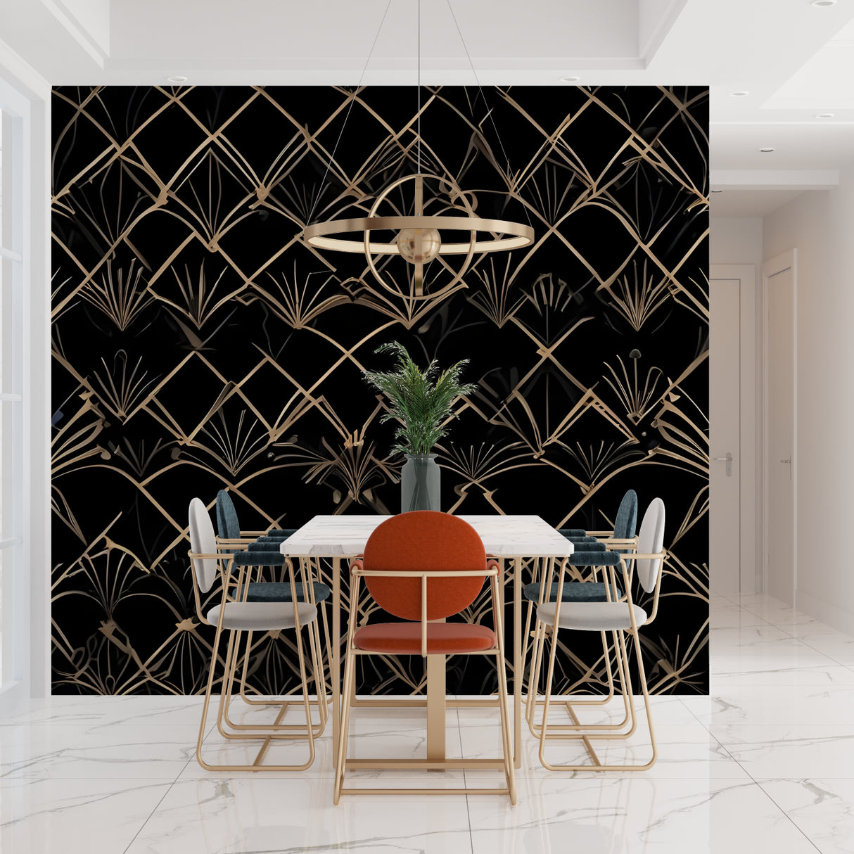 Black and gold geometric pattern in home office with modern furniture