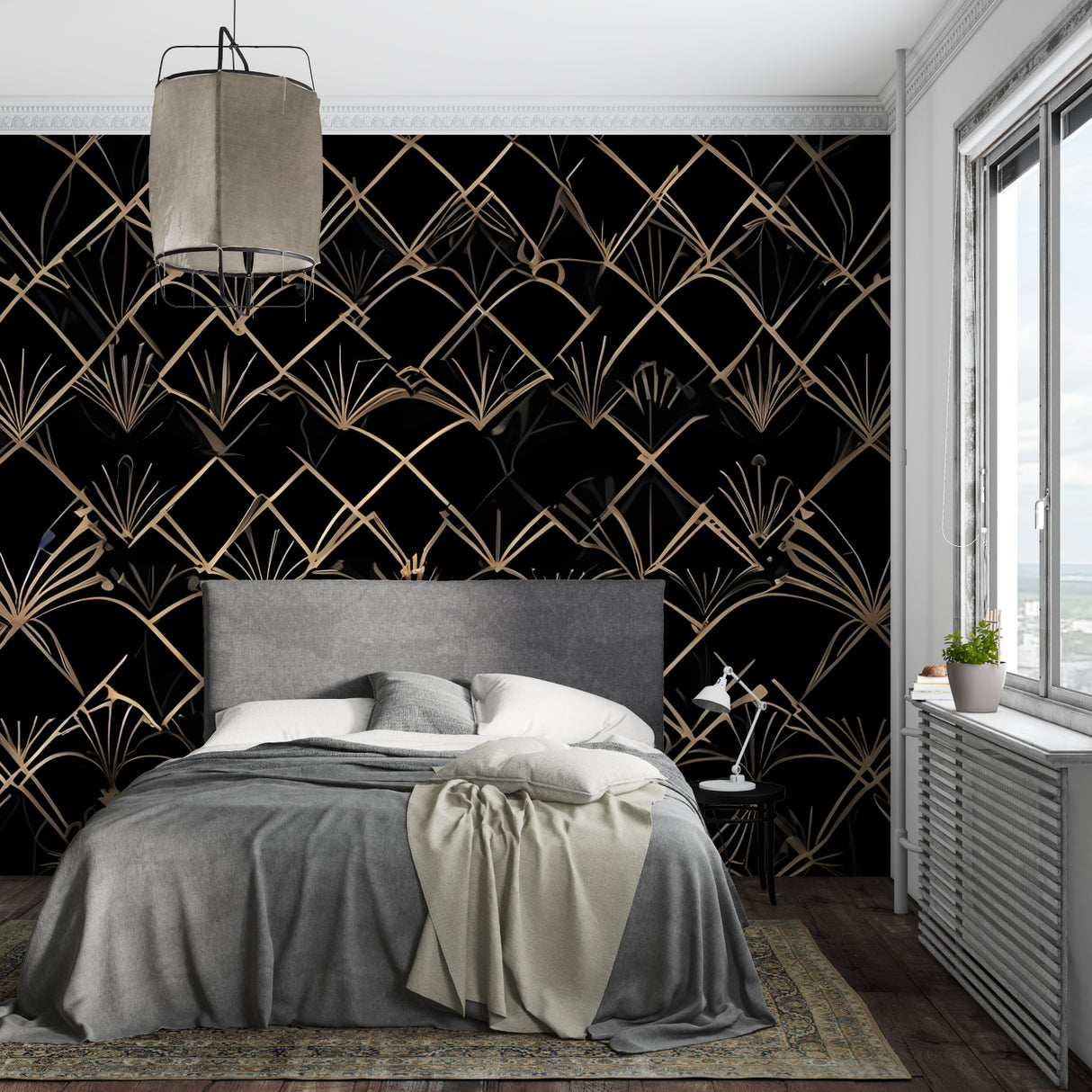Art deco geometric wallpaper in modern living room, black and gold pattern creating dramatic accent wall