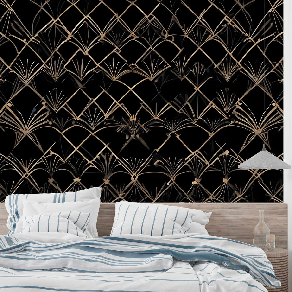 Art deco wallpaper in master bedroom, geometric black and gold design adding sophistication