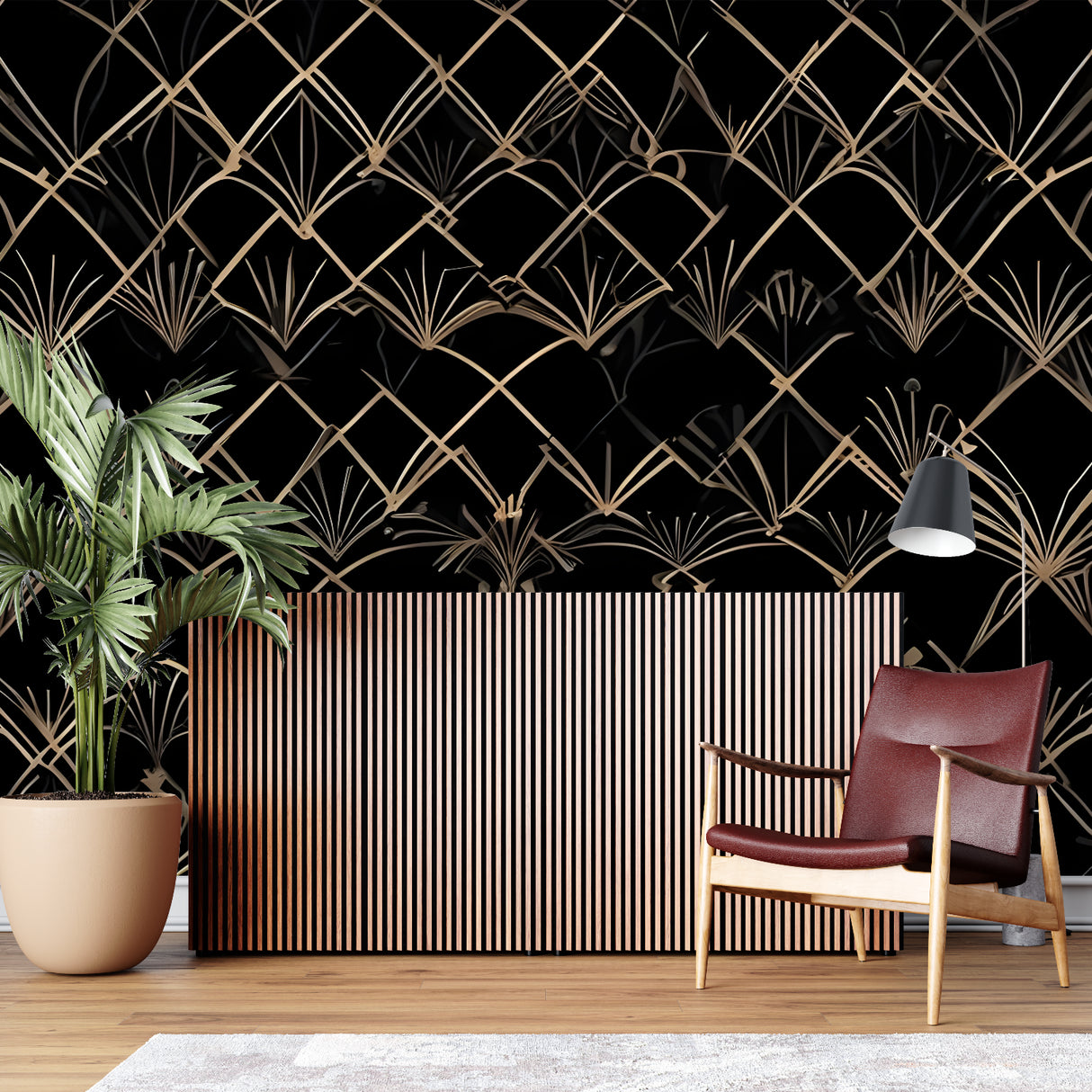 Geometric pattern wallpaper in dining room, black and gold art deco design creating luxury feel