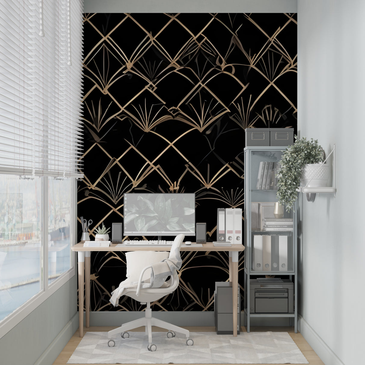 Restaurant bar featuring art deco black and gold wallpaper with stunning geometric pattern