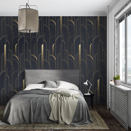 Black and gold Art Deco wallpaper in modern dining room with crystal chandelier