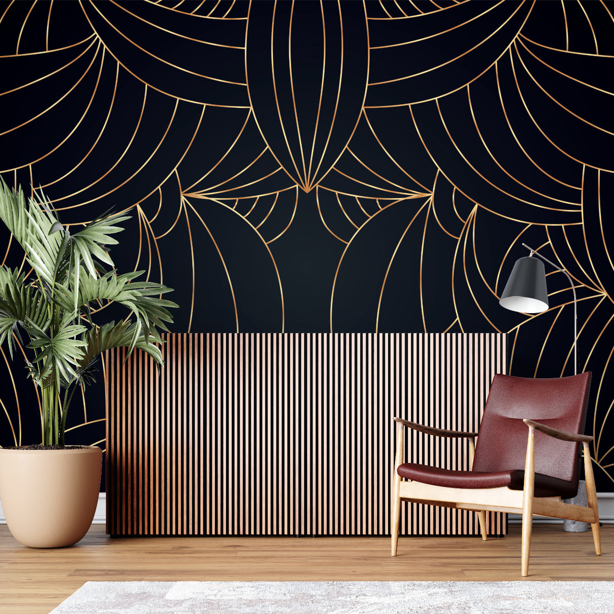 Art deco geometric wallpaper in modern living room with black and gold pattern creating luxury atmosphere