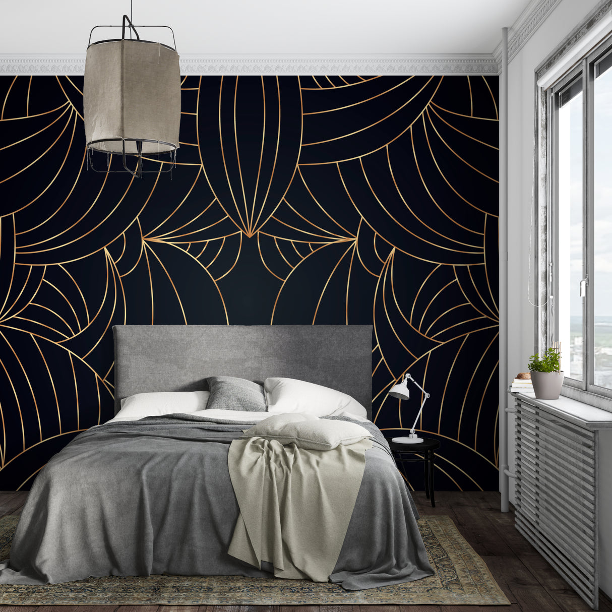 Geometric art deco wallpaper adding drama to dining room with gold accents