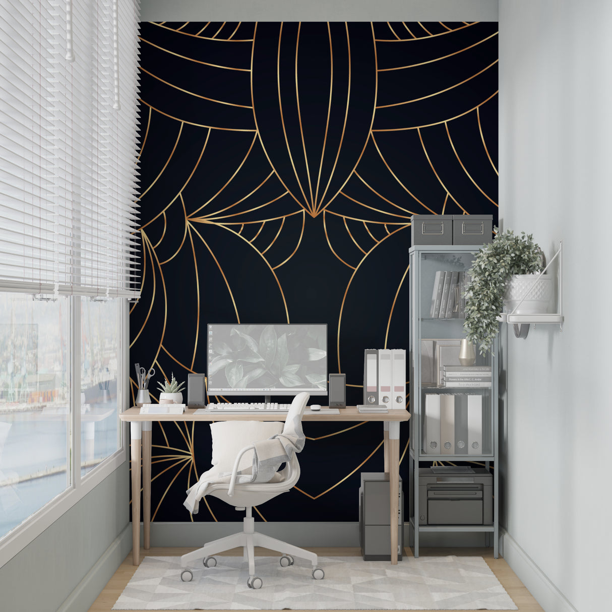 Art deco pattern wallpaper in home office featuring black background with gold details
