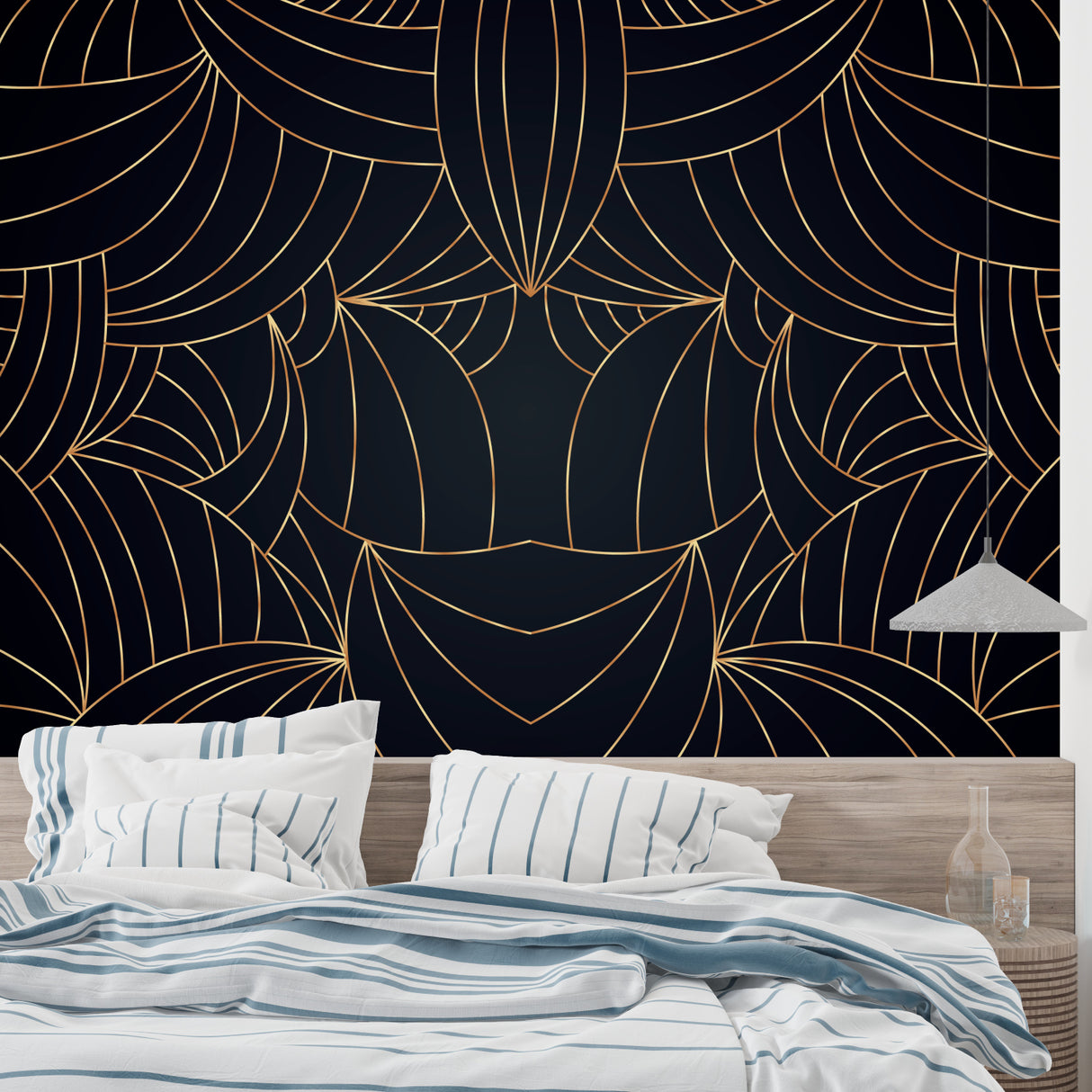 Black and gold geometric wallpaper creating statement wall in hotel lobby