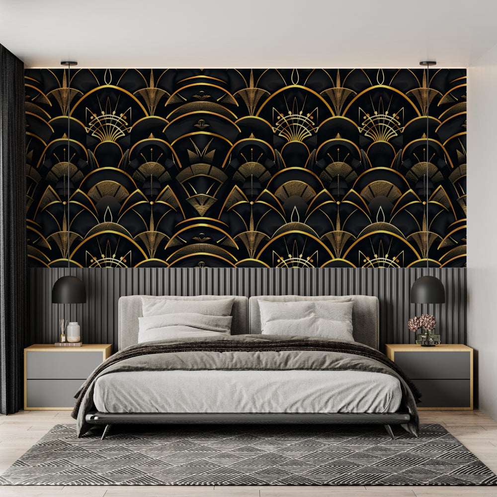 Art deco geometric wallpaper in modern living room, black and gold pattern creating luxurious atmosphere