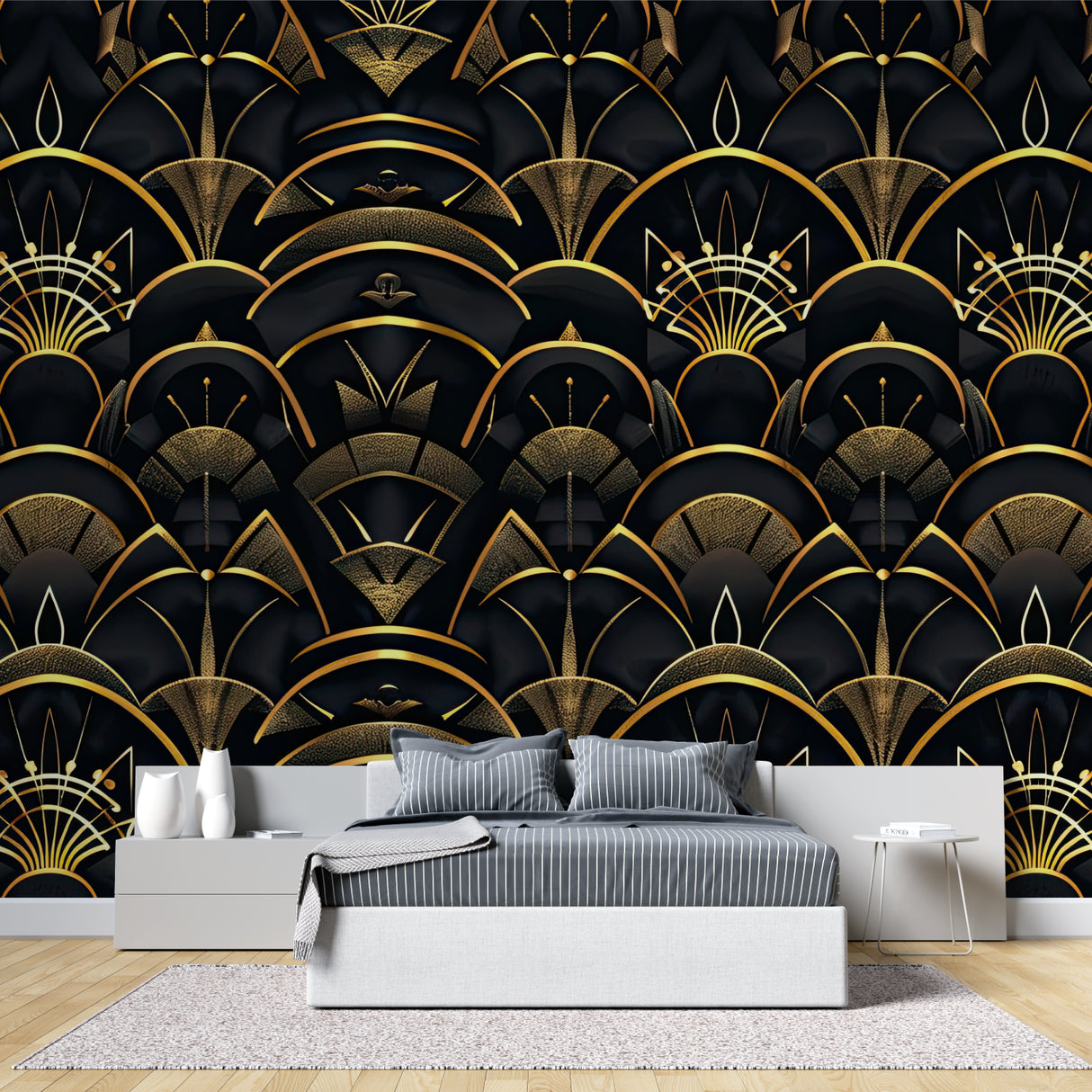 Geometric art deco pattern wall mural in master bedroom showcasing gold details