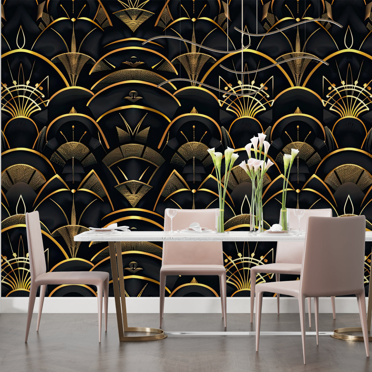 Art deco wallpaper feature wall in hotel lobby with black and gold motifs
