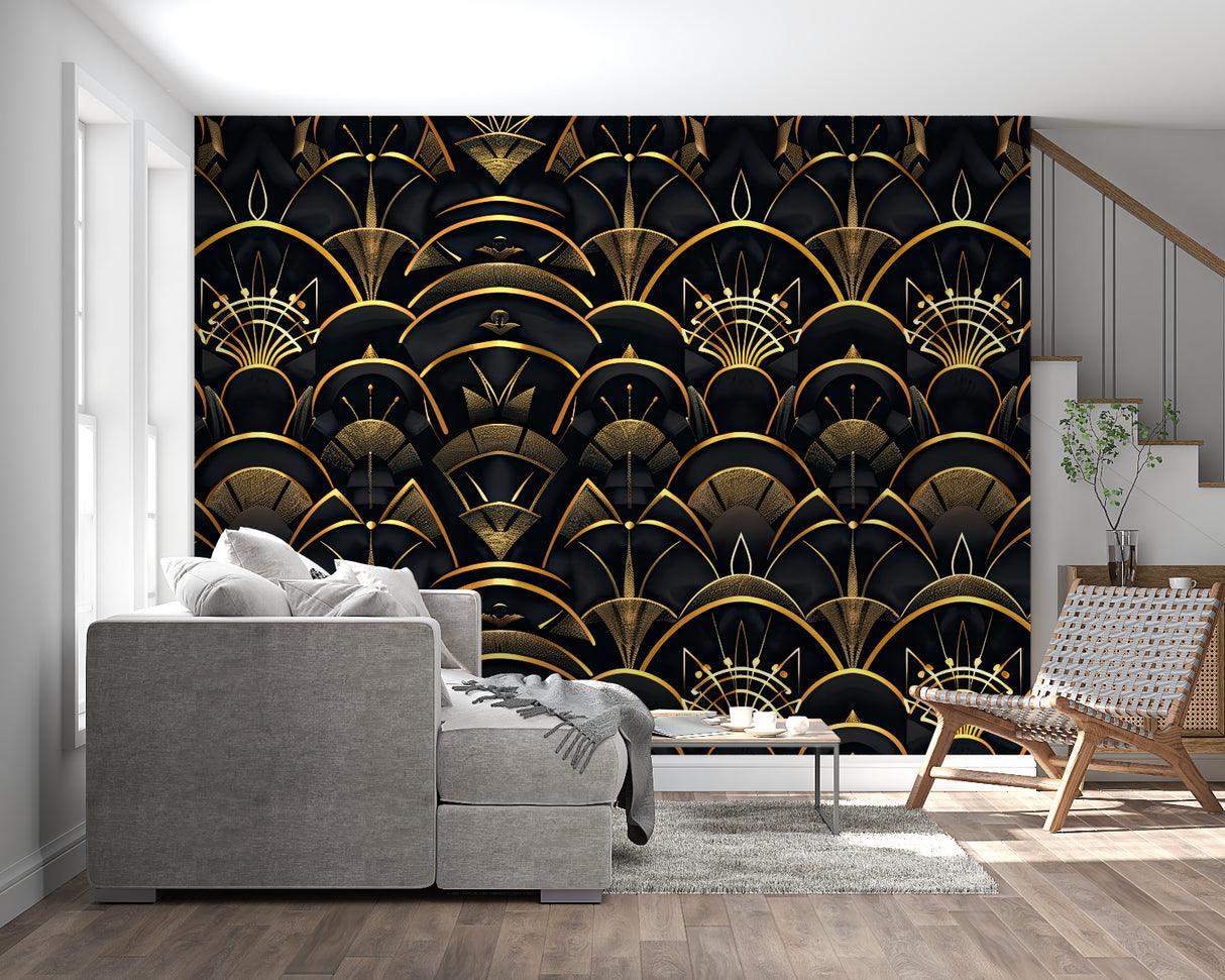 Black and gold geometric pattern in home office showing intricate details