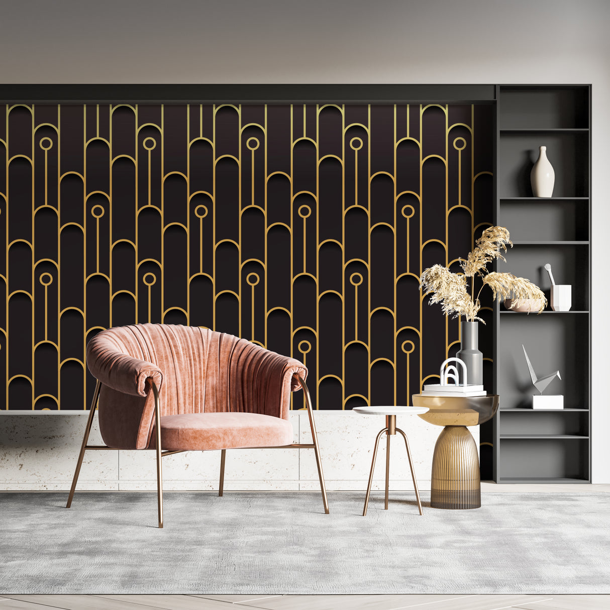 Black and gold Art Deco wallpaper in modern living room creating elegant atmosphere