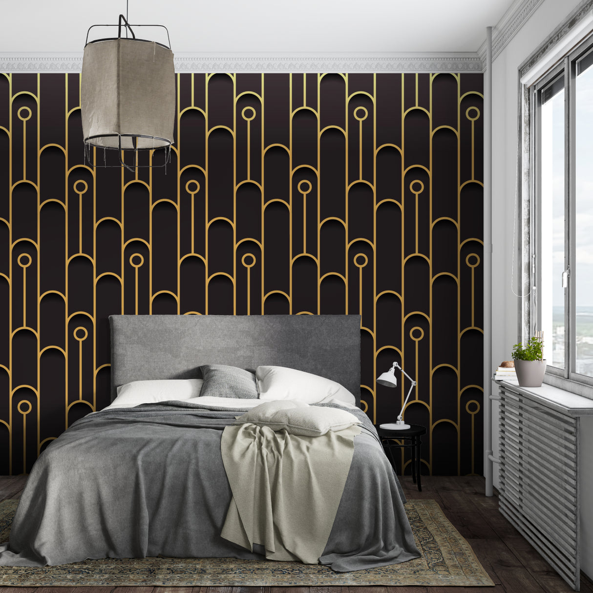Geometric Art Deco wallpaper featuring black and gold design in master bedroom