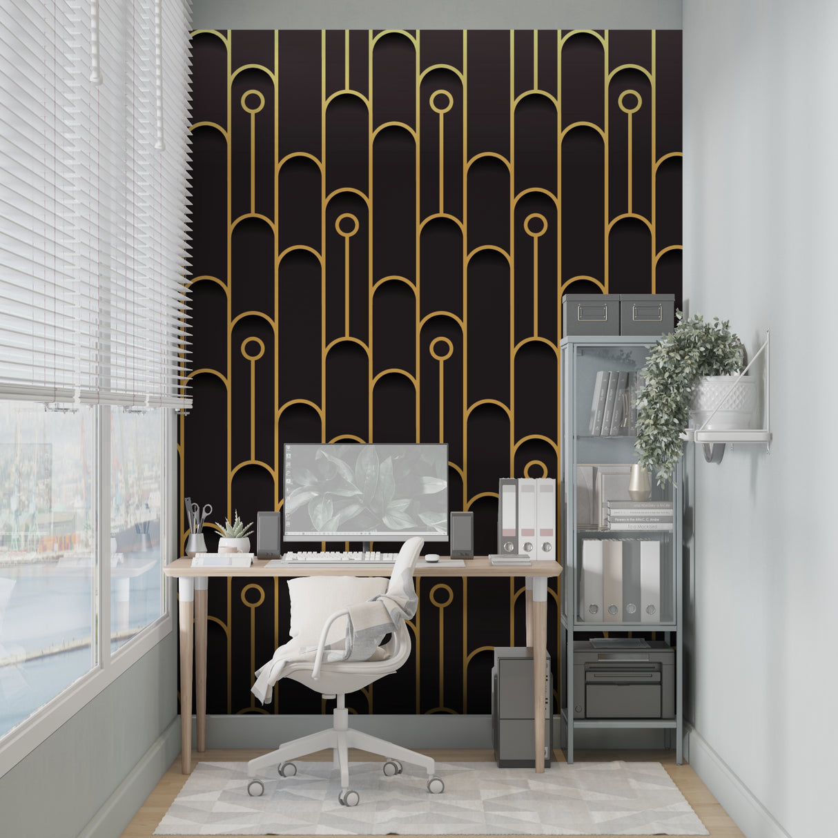 Black and gold geometric pattern wallpaper in dining room with mood lighting
