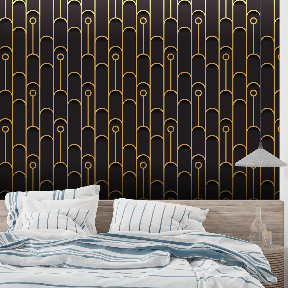 Art Deco wallpaper design shown in hotel lobby with golden accents