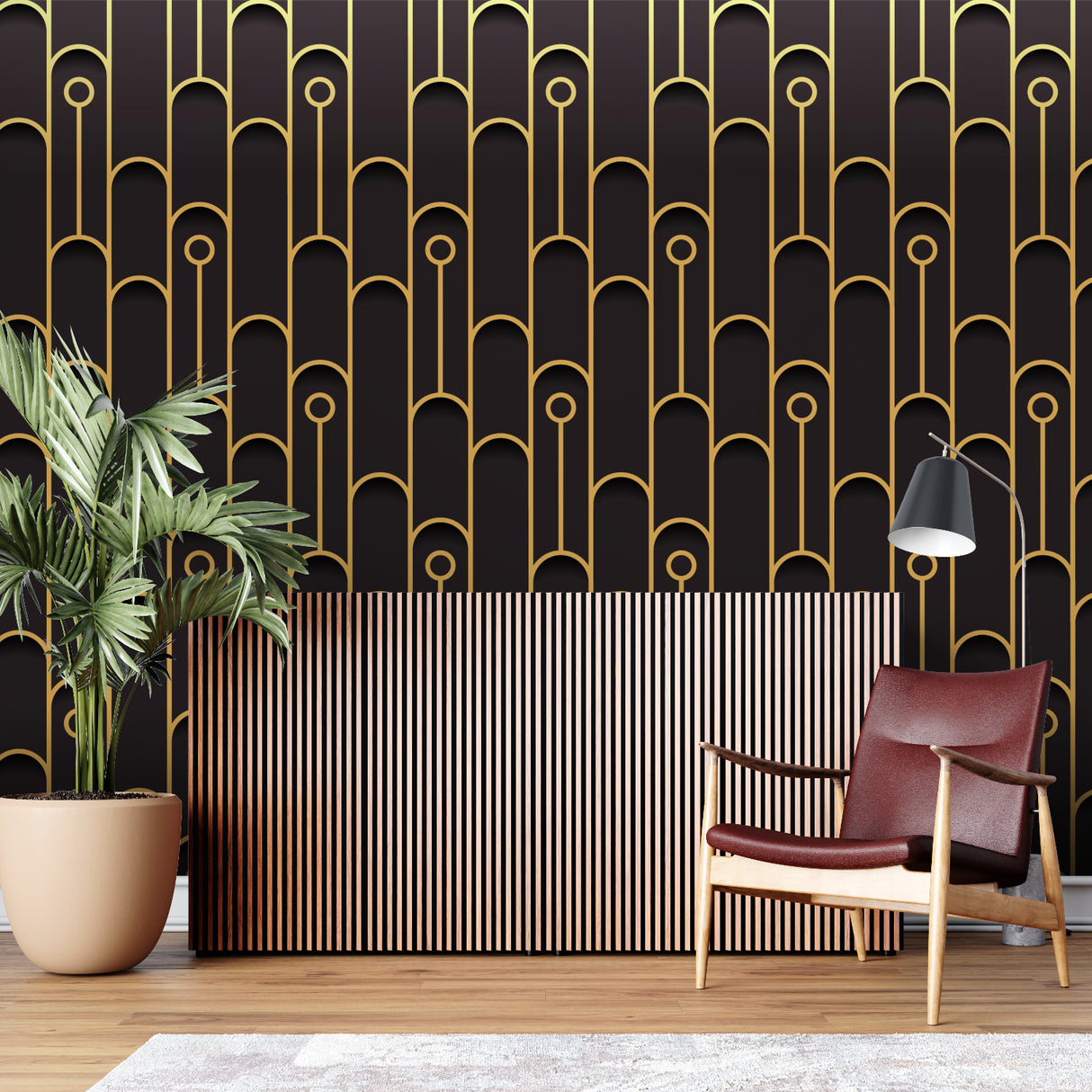 Luxury geometric wallpaper displayed in home office setting