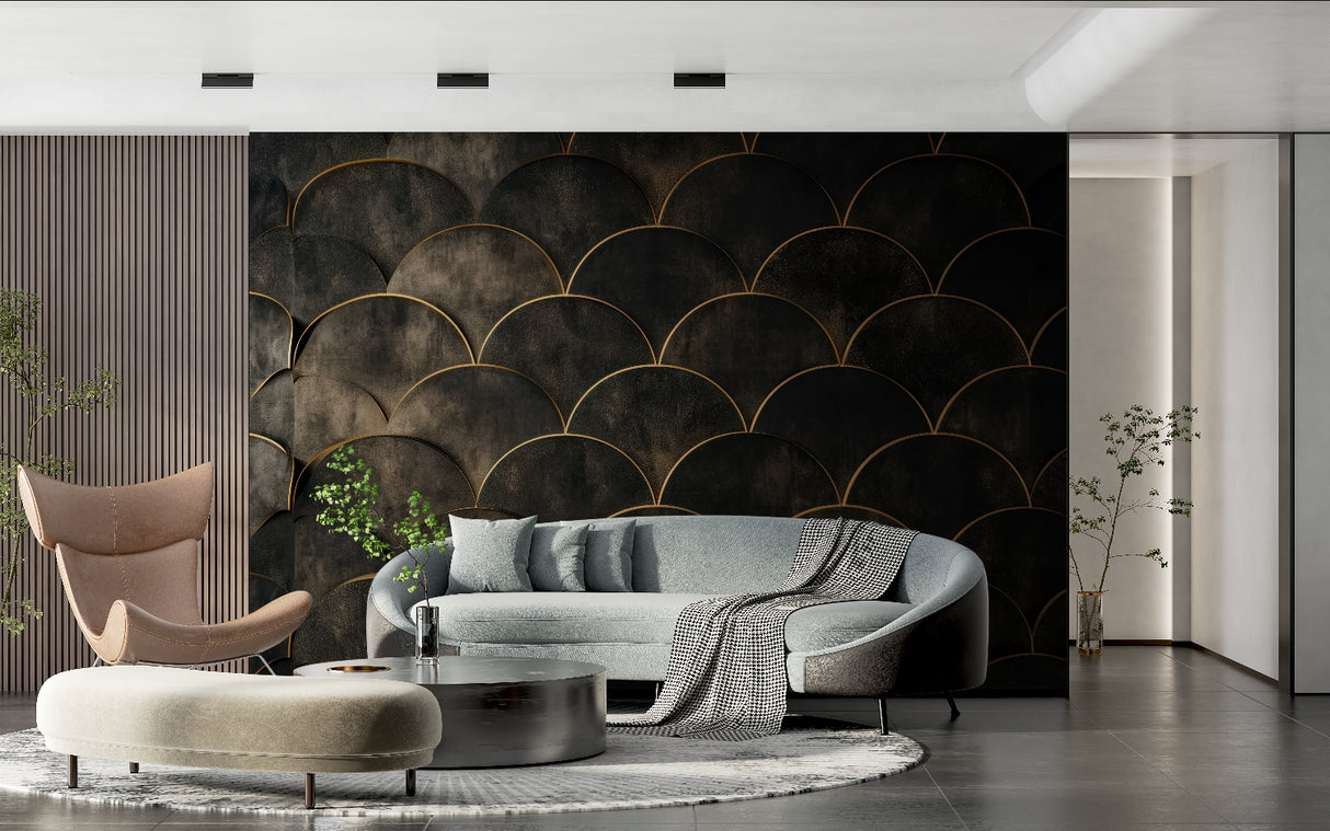 Black and gold art deco wallpaper in modern dining room creating luxurious atmosphere