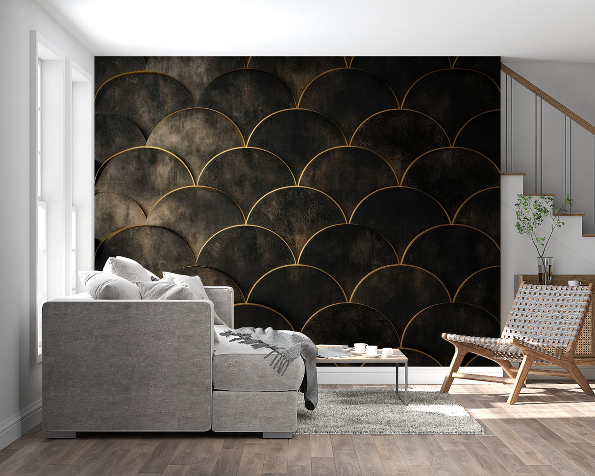 Geometric scale pattern wallpaper featured in master bedroom with gold accents