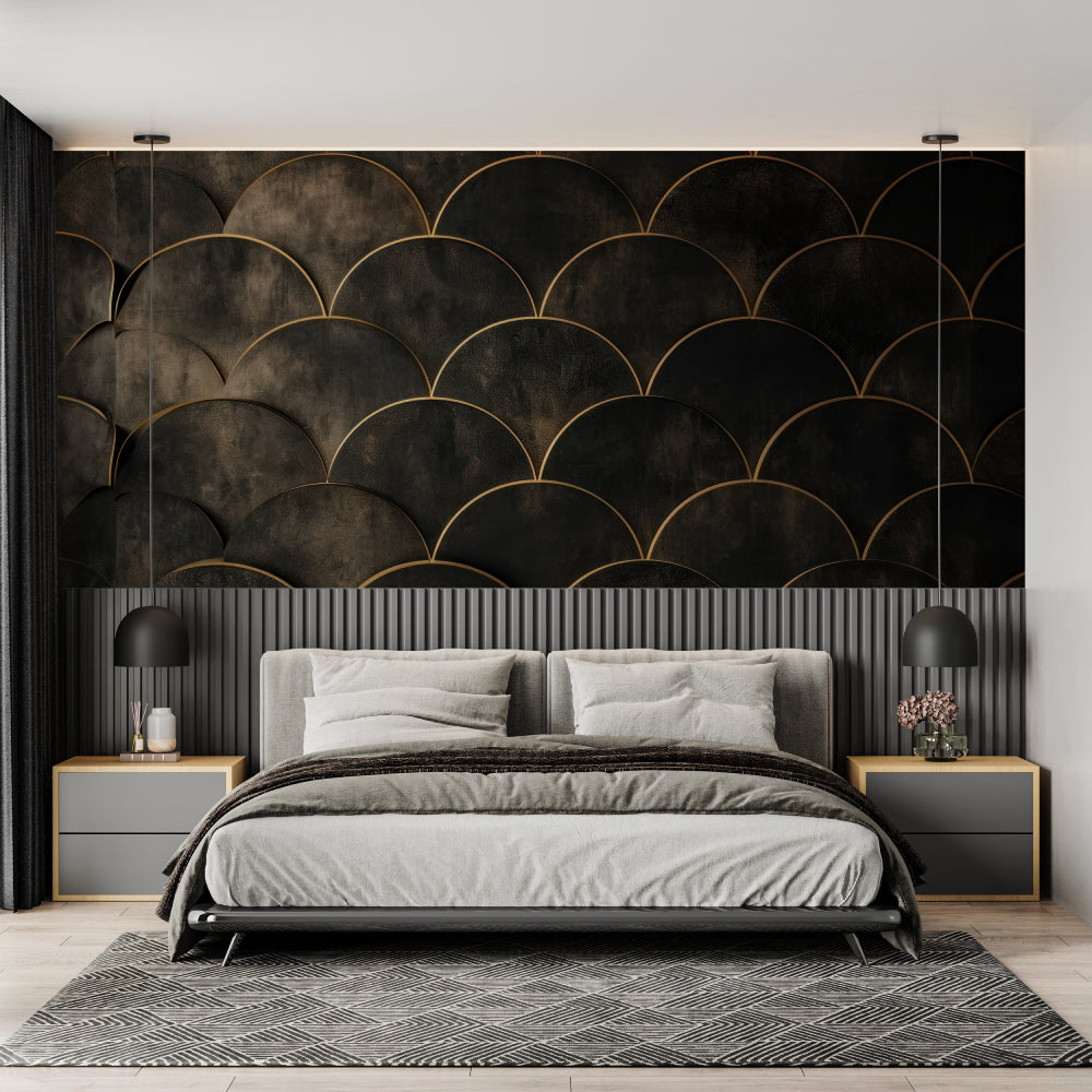 Black and gold scale pattern in home office showing evening lighting