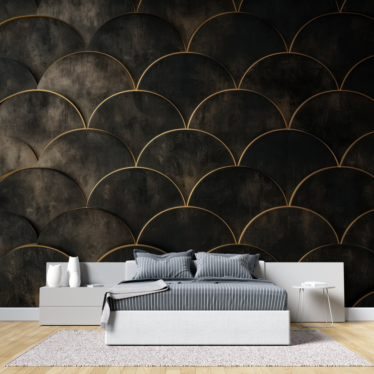 Geometric wallpaper accent wall in living room with modern furniture