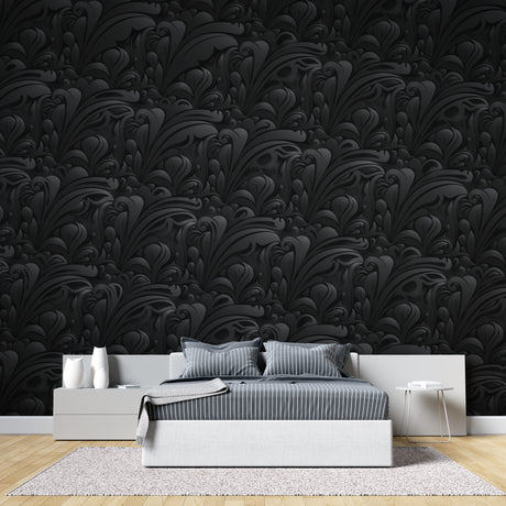 Black Baroque wallpaper creating drama in a modern living room with leather furniture