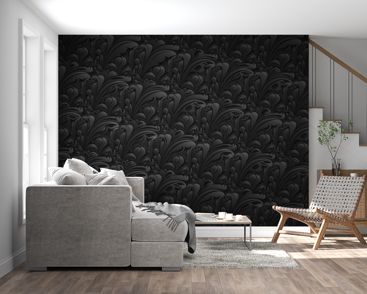 Black floral Art Deco wallpaper in modern dining room with pendant lights casting dramatic shadows