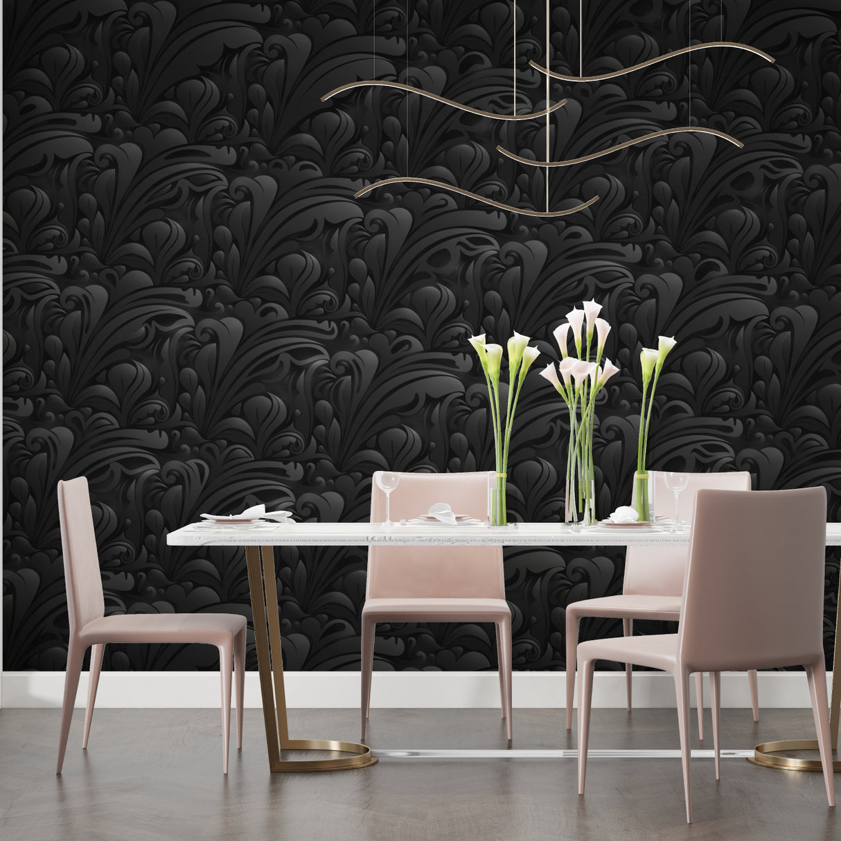 Art Deco black floral pattern wallpaper in master bedroom creating luxurious hotel ambiance