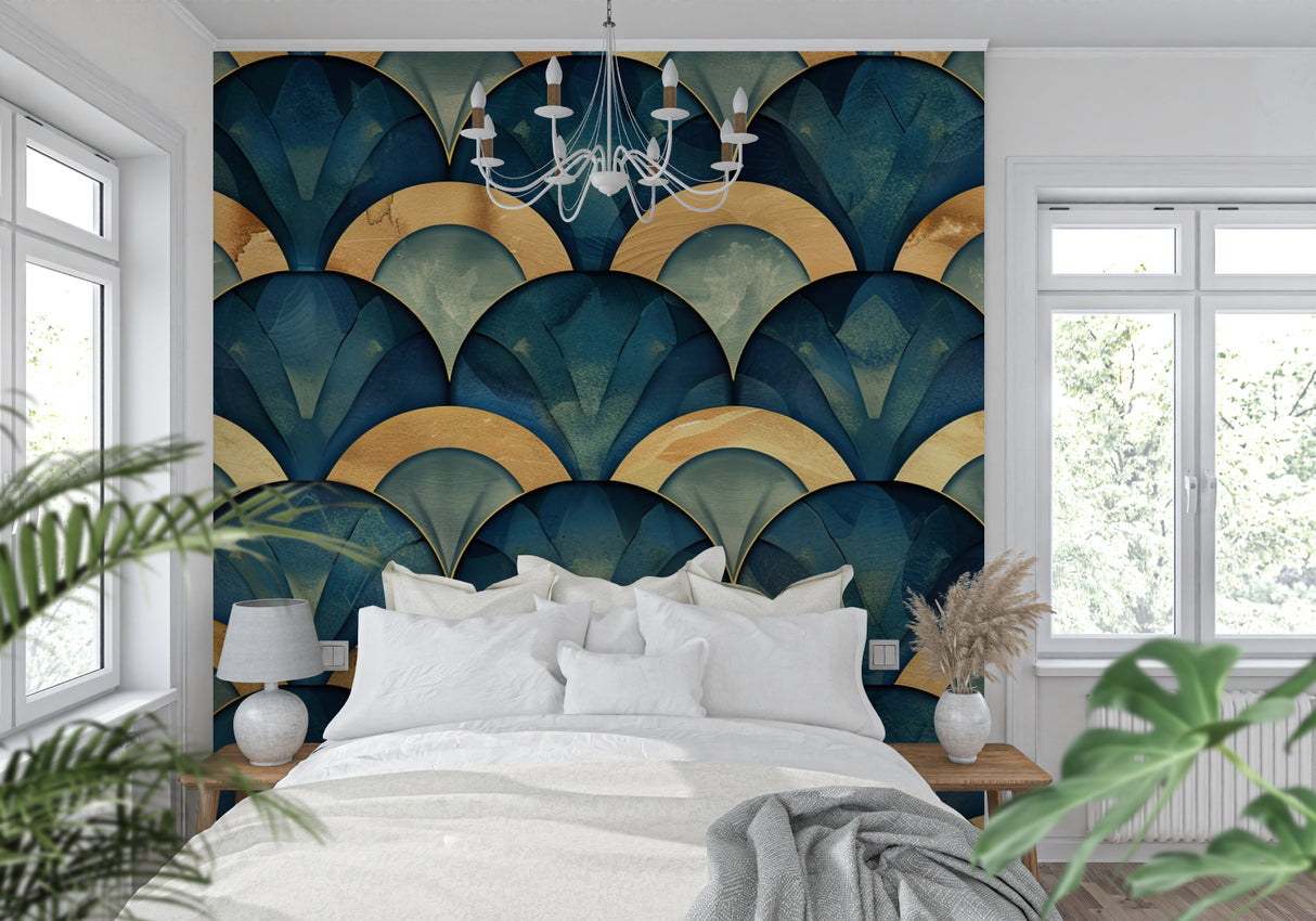 Art deco fan wallpaper in modern living room, blue and gold geometric pattern casting elegant shadows