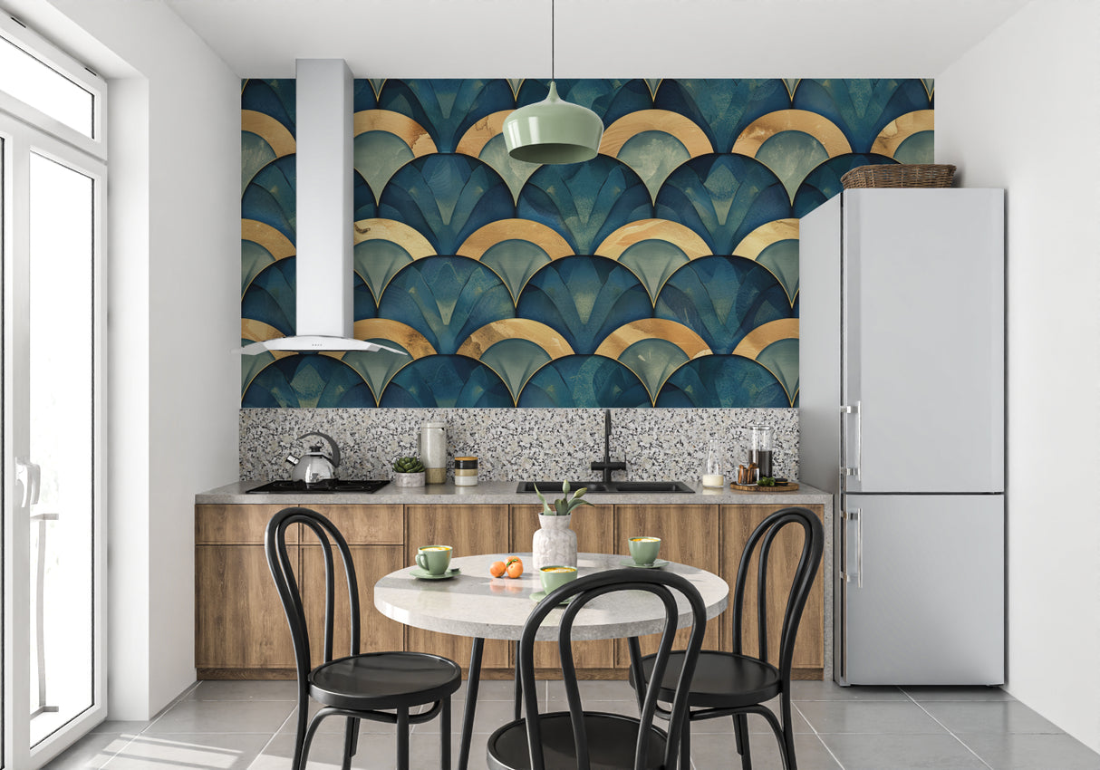 Blue and gold art deco wallpaper in luxury hotel lobby, showing seamless fan motif